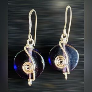 925 Silver Wrapped Amethyst Agate Disc Circle Dangle Earrings 1.25” Drop